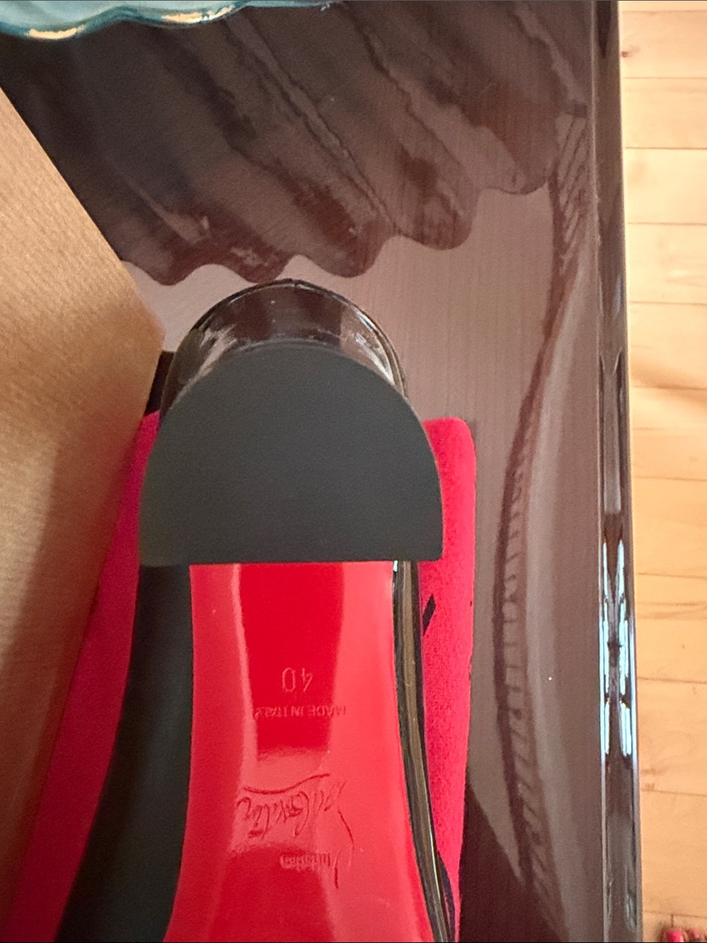 Christian Louboutin Black Patent Block Heel Pumps with Red Soles - Picture 6 of 12